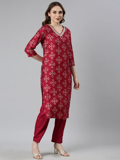 Neerus Pink Regular Straight Chevron Kurta And  Trousers With Dupatta