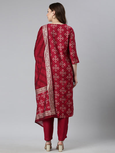 Neerus Pink Regular Straight Chevron Kurta And  Trousers With Dupatta