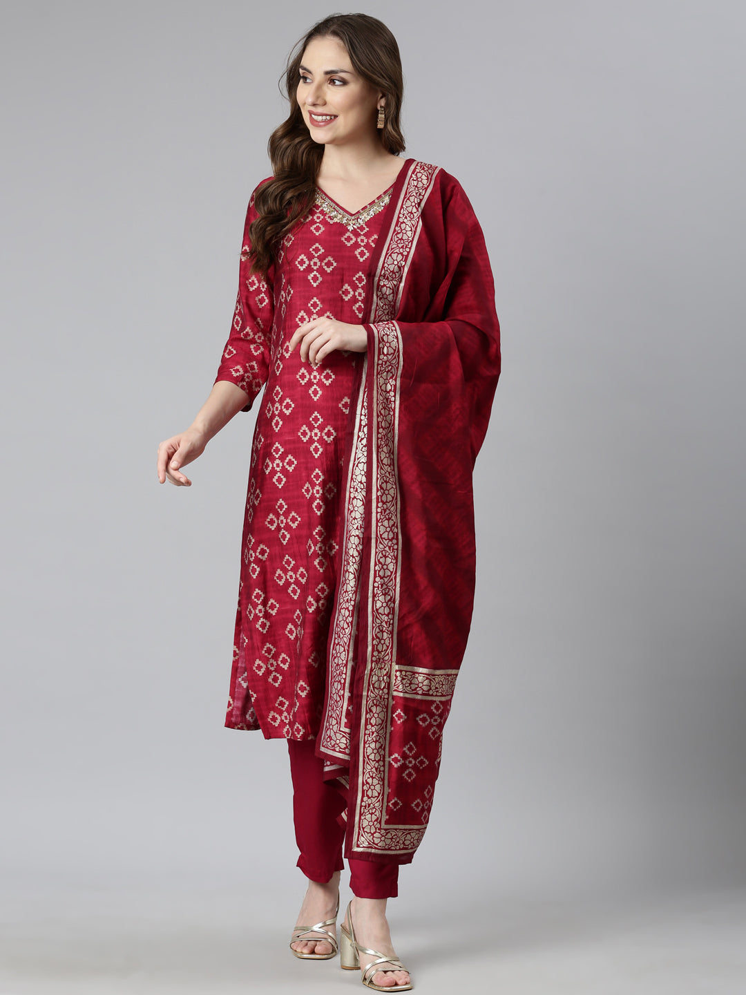 Neerus Pink Regular Straight Chevron Kurta And  Trousers With Dupatta