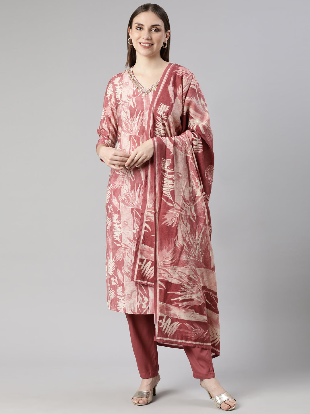 Neerus Pink Regular Straight Floral Kurta And  Trousers With Dupatta