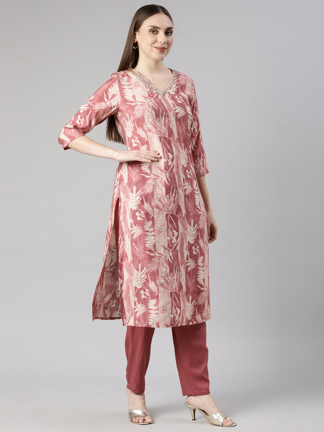 Neerus Pink Regular Straight Floral Kurta And  Trousers With Dupatta