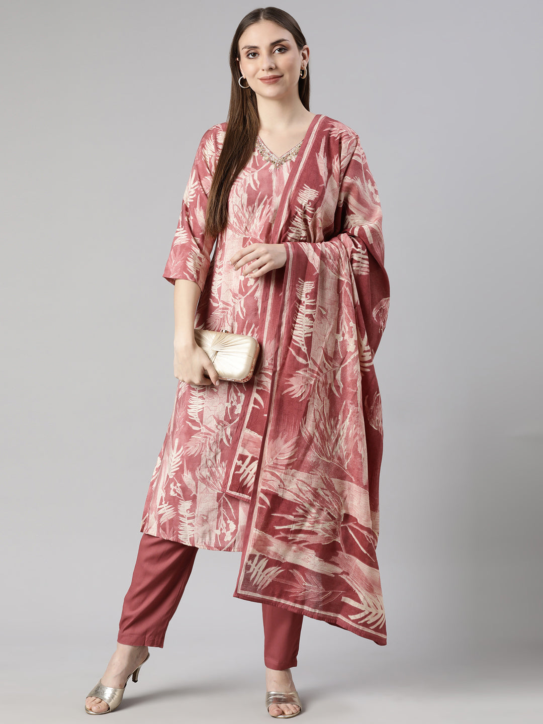 Neerus Pink Regular Straight Floral Kurta And  Trousers With Dupatta