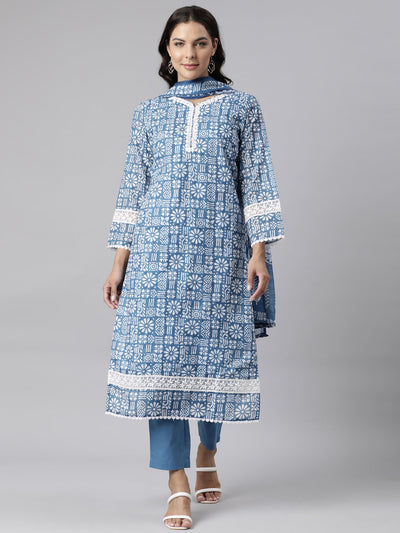 Neerus Blue Panelled Straight Printed Kurta And Trousers With Dupatta