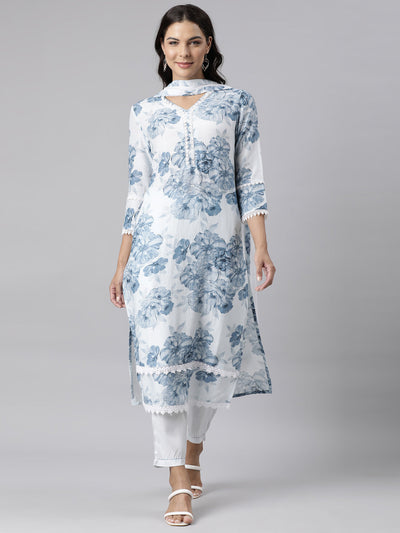 Neerus Blue Panelled Straight Printed Kurta And Trousers With Dupatta