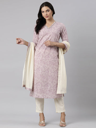 Neerus Purple Panelled Straight Printed Kurta And Trousers With Dupatta