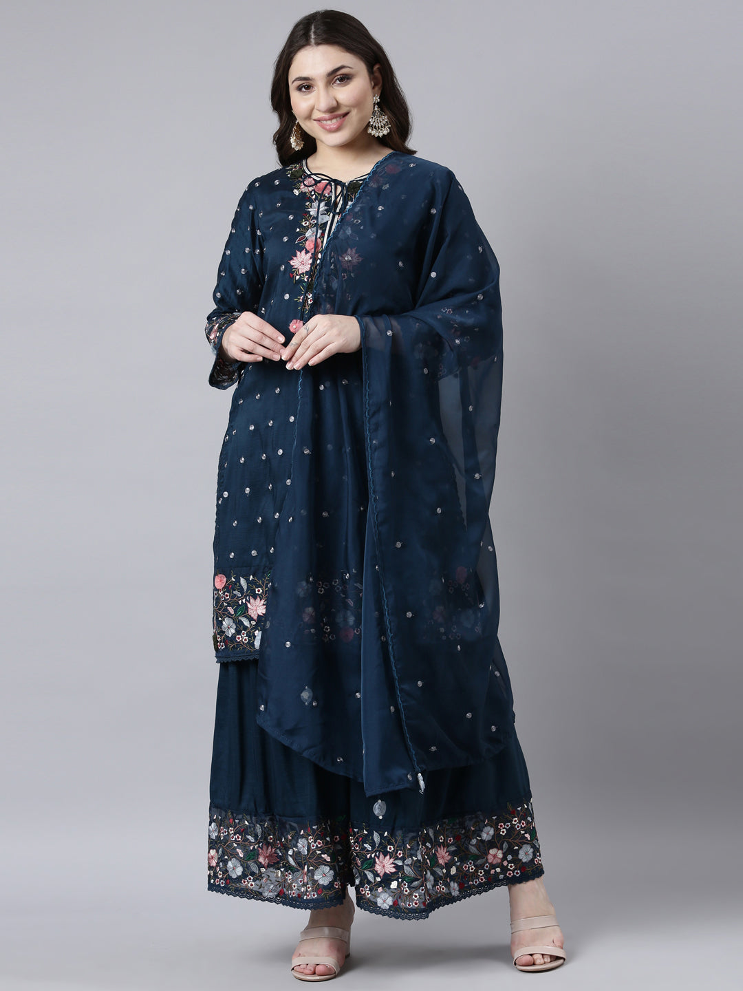 Neerus Blue Regular Straight Floral Kurta And Sharara With Dupatta