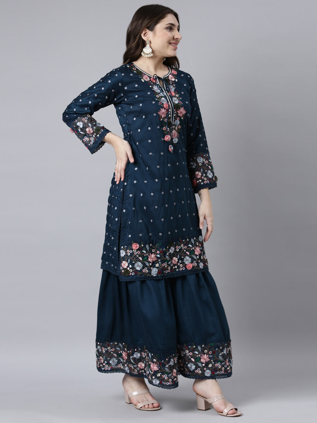 Neerus Blue Regular Straight Floral Kurta And Sharara With Dupatta