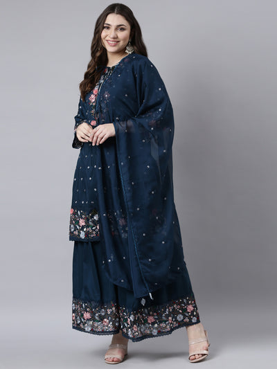 Neerus Blue Regular Straight Floral Kurta And Sharara With Dupatta