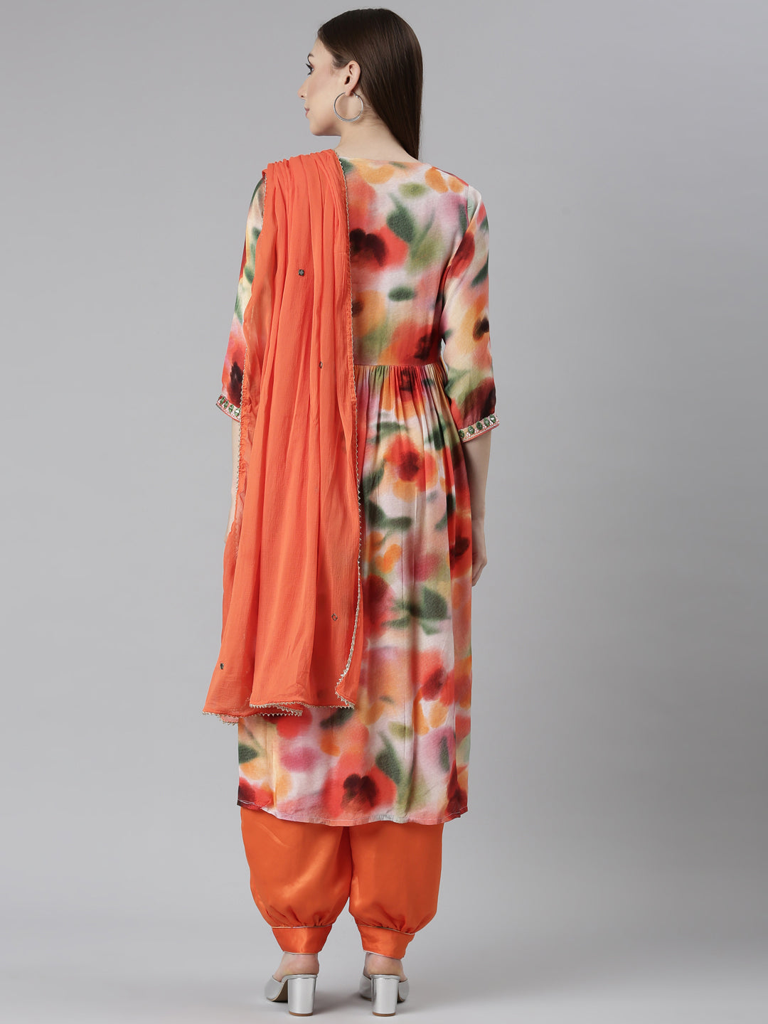 Neeru's Orange Pleated Straight Floral Kurta And Salwar With Dupatta