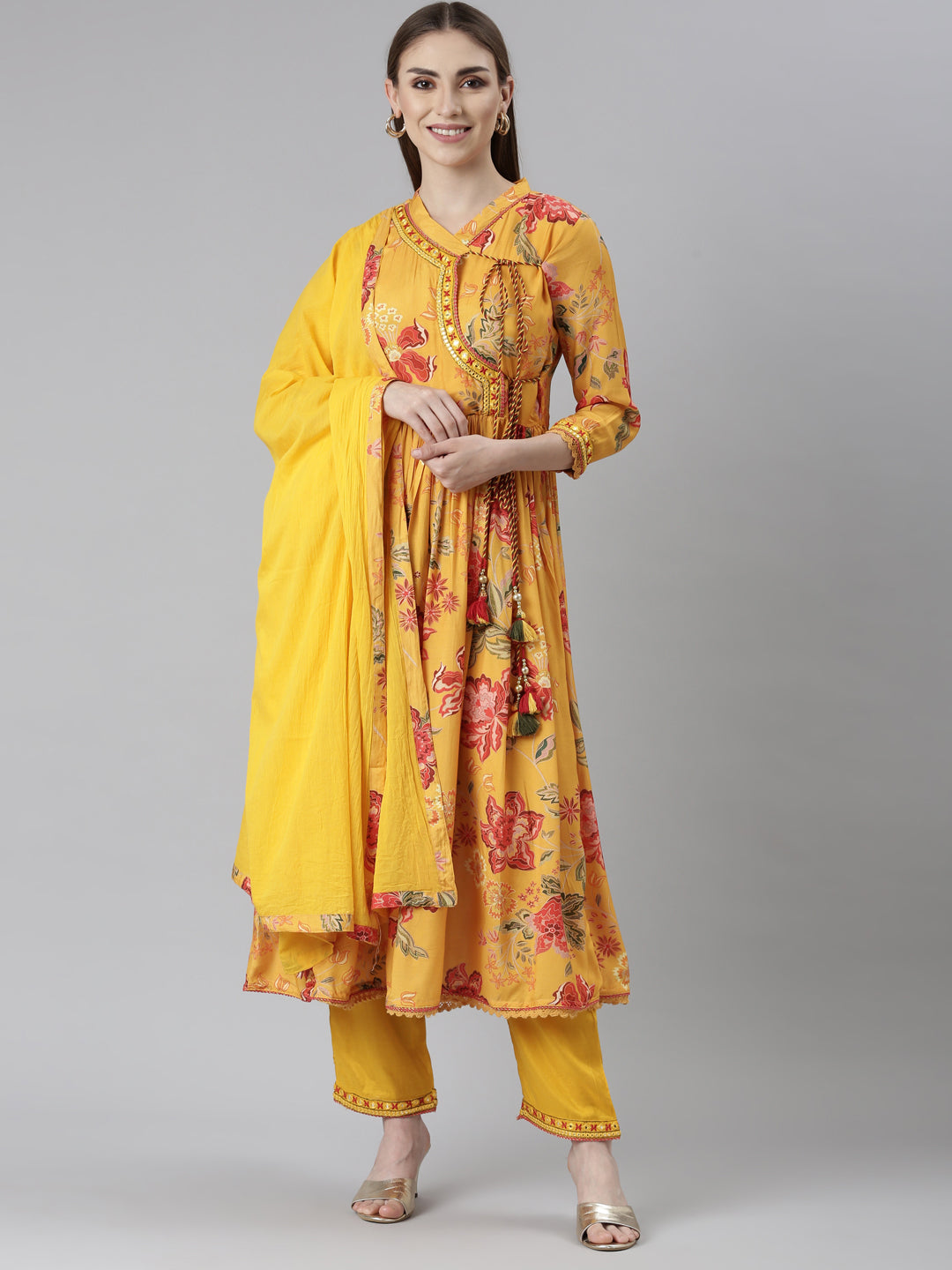 Neeru's Mustard Pleated Straight Floral Readymade suits