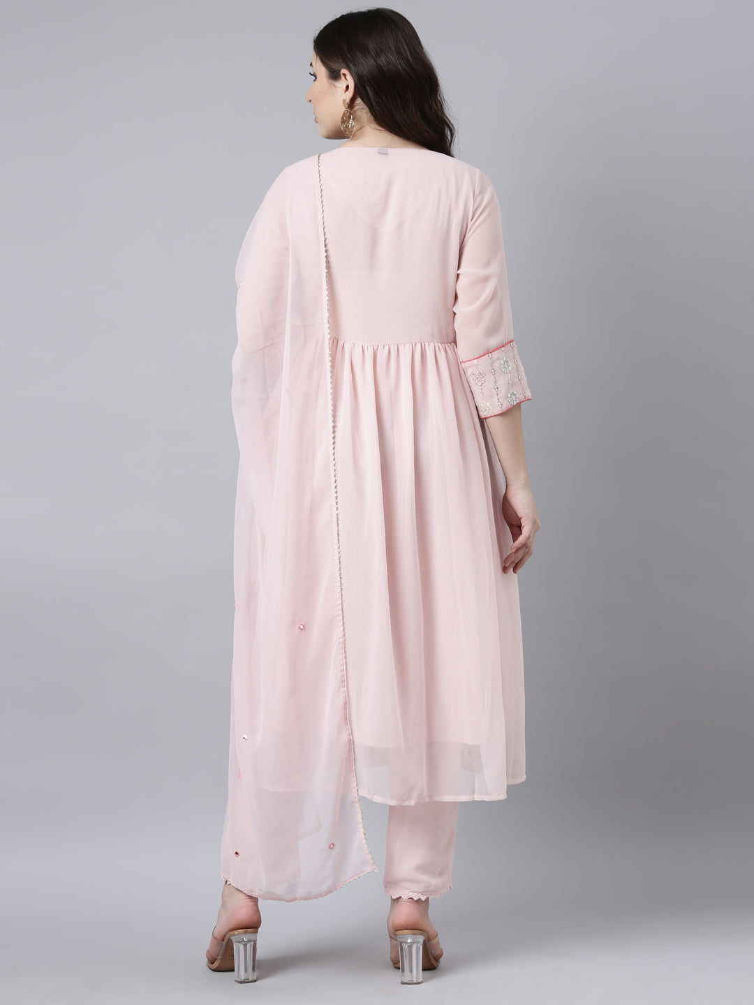 Neerus Pink Regular Straight Floral Kurta And Trousers With Dupatta