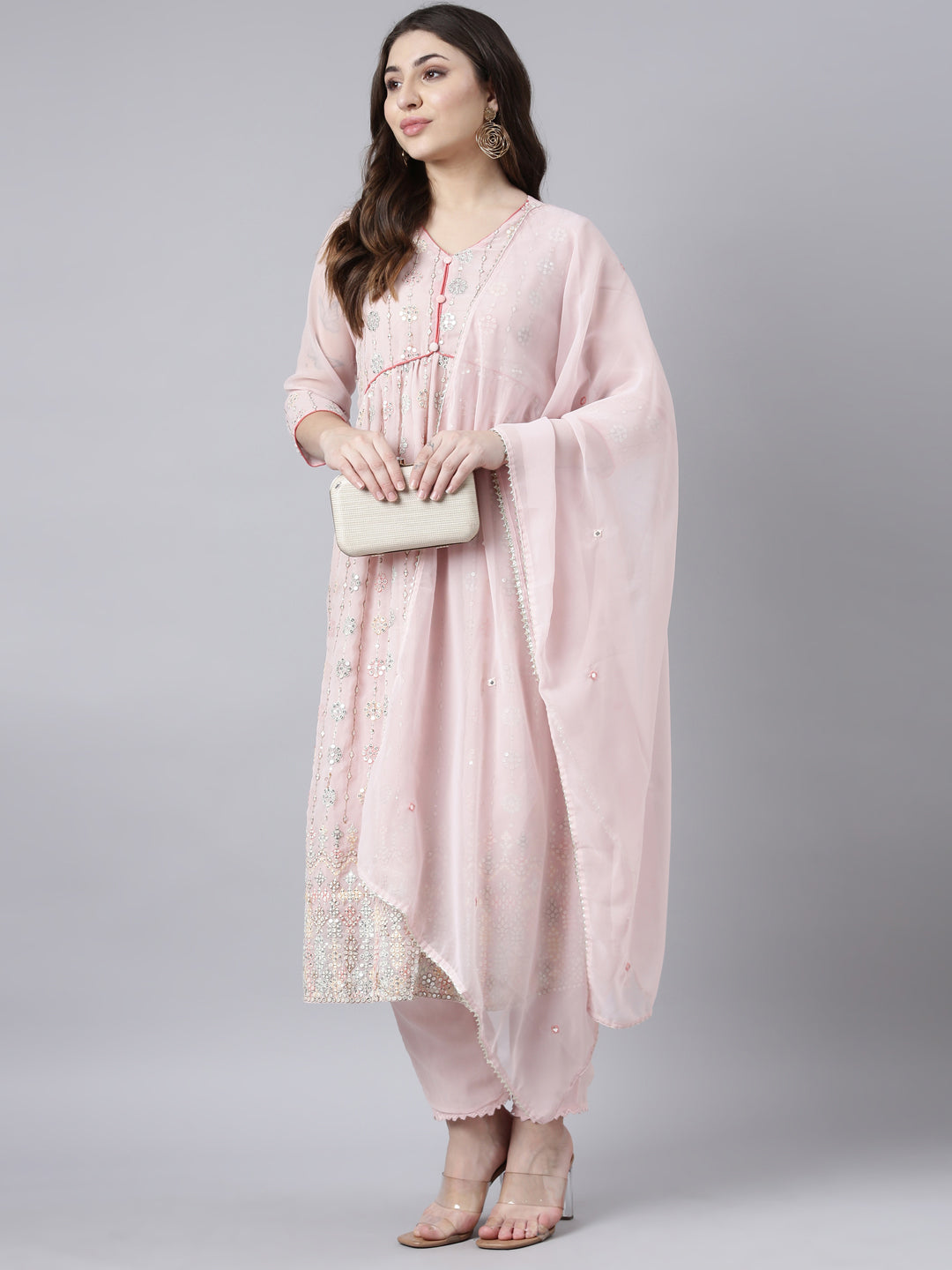 Neerus Pink Regular Straight Floral Kurta And Trousers With Dupatta