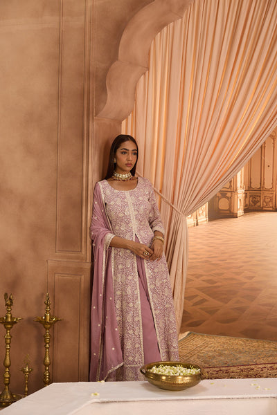 Neerus Lilac Embroidery Georgette Fabric Kurta Plazzo and Dupatta