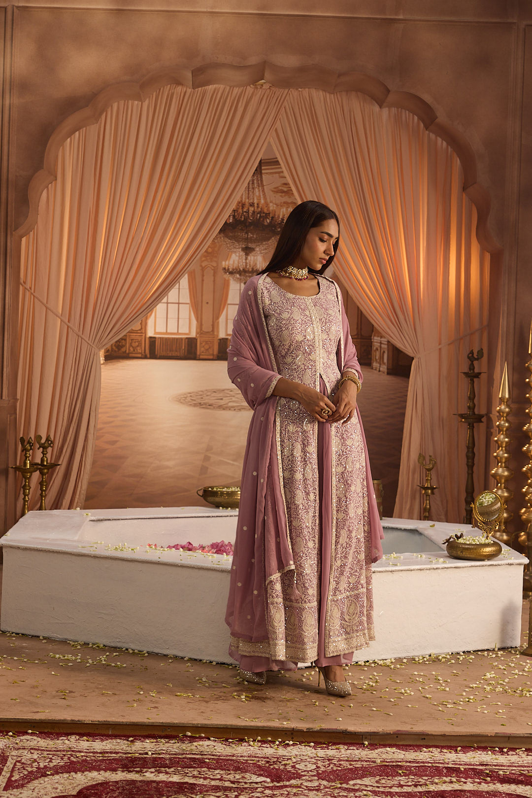 Neerus Lilac Embroidery Georgette Fabric Kurta Plazzo and Dupatta