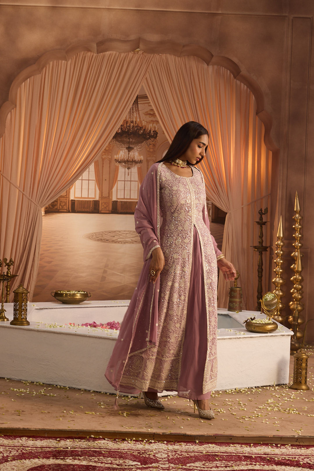 Neerus Lilac Embroidery Georgette Fabric Kurta Plazzo and Dupatta