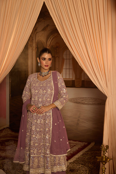 Neerus Lilac Embroidery Georgette Fabric Anarkali and Plazzo with Dupatta