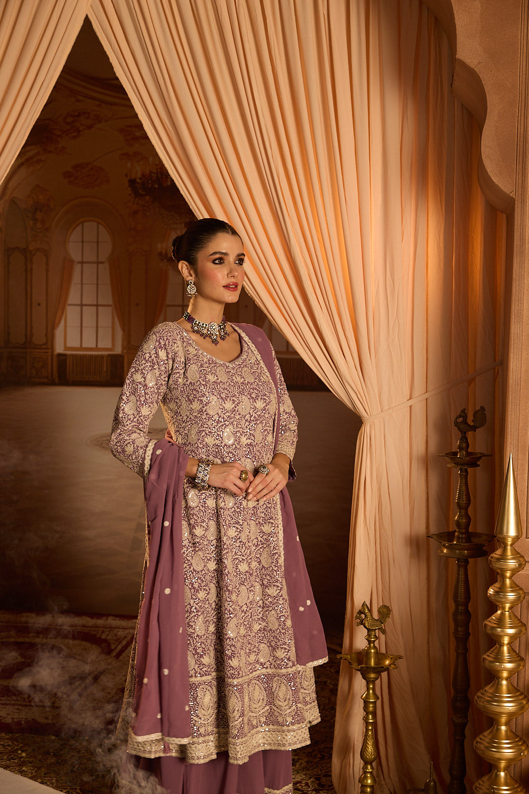 Neerus Lilac Embroidery Georgette Fabric Anarkali and Plazzo with Dupatta