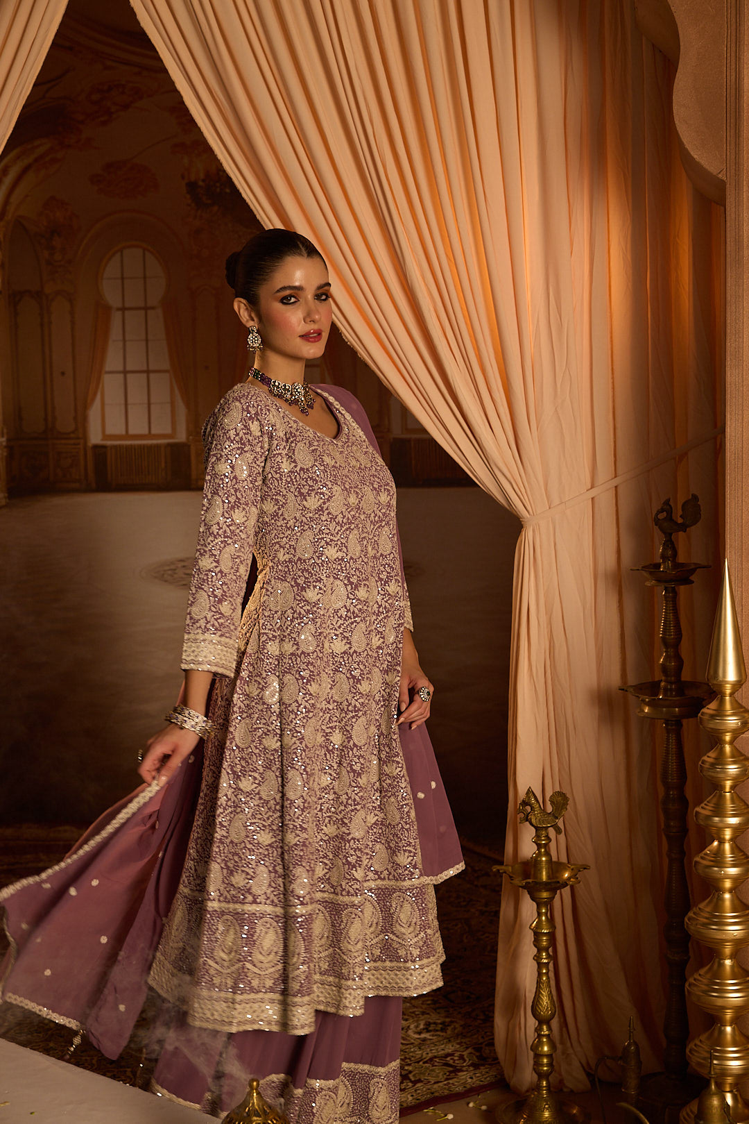 Neerus Lilac Embroidery Georgette Fabric Anarkali and Plazzo with Dupatta