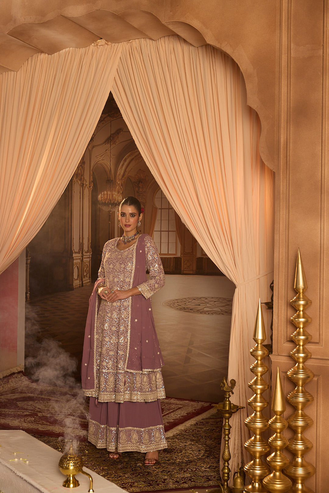 Neerus Lilac Embroidery Georgette Fabric Anarkali and Plazzo with Dupatta