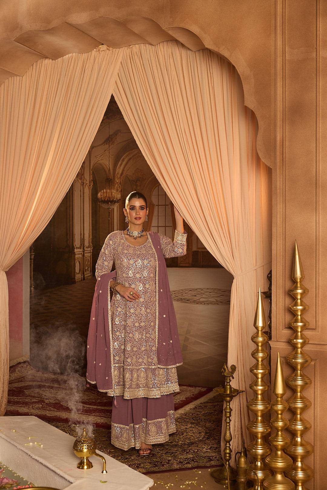 Neerus Lilac Embroidery Georgette Fabric Anarkali and Plazzo with Dupatta