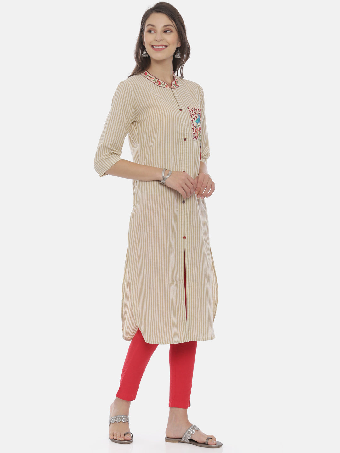 Neerus Women Cream-Coloured  White Embroidered Straight Kurta