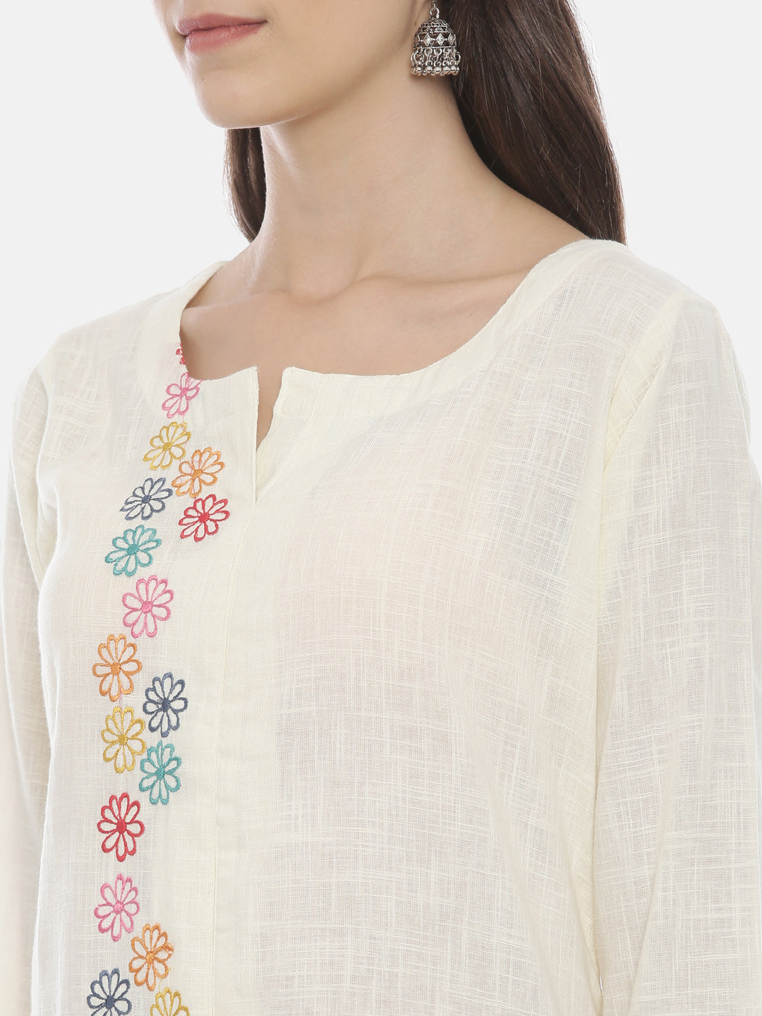 Neerus Women Cream-Coloured Embroidered A-Line Kurta