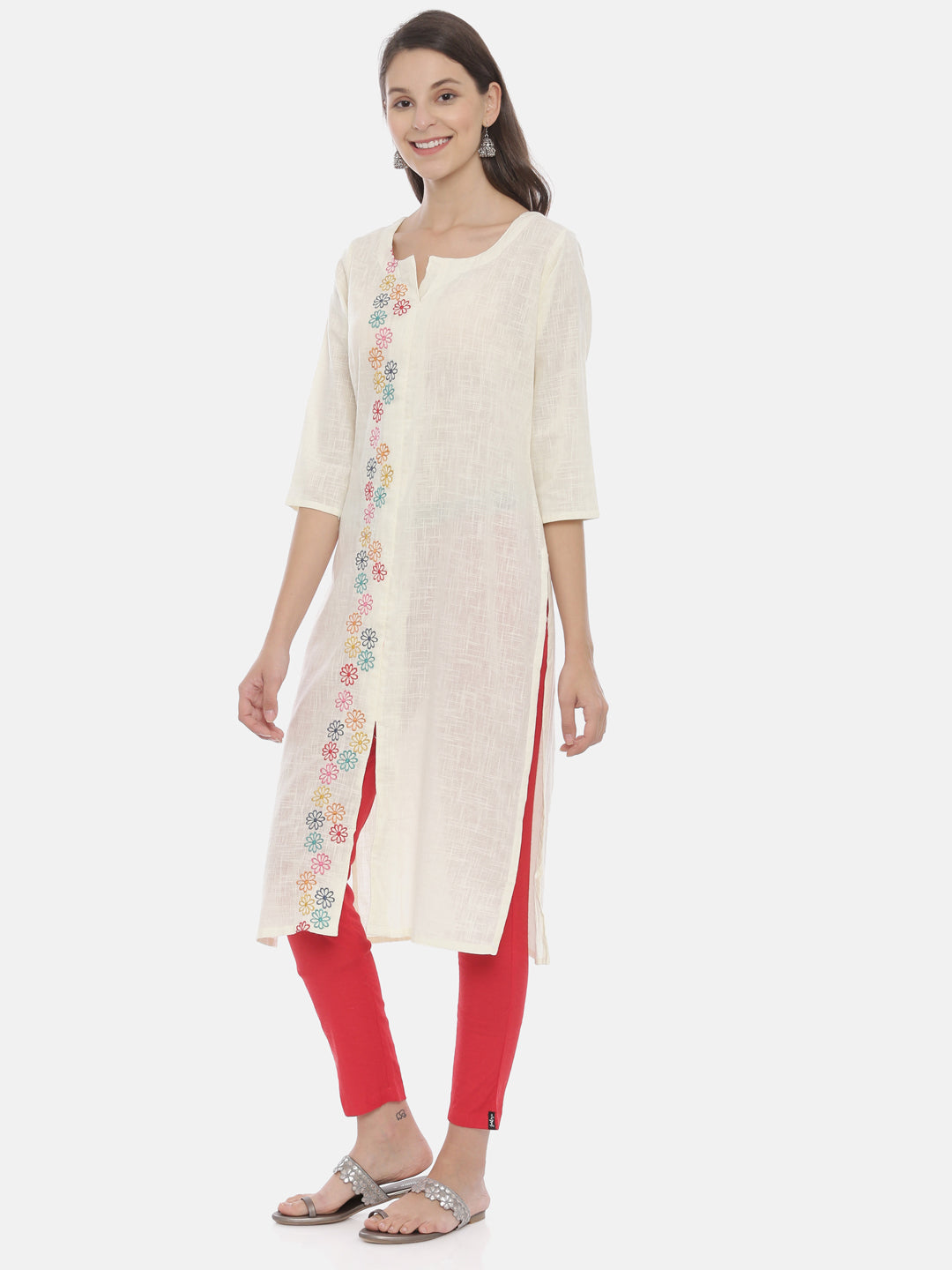 Neerus Women Cream-Coloured Embroidered A-Line Kurta