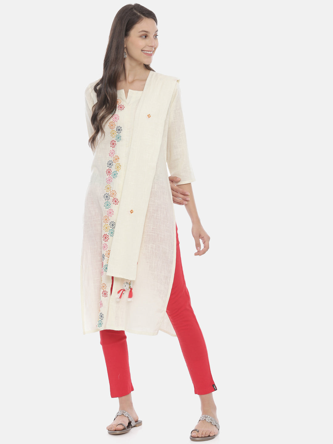 Neerus Women Cream-Coloured Embroidered A-Line Kurta