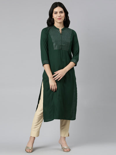 Neeru's Green Tiered Straight Solid Kurtas