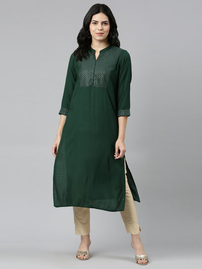 Neeru's Green Tiered Straight Solid Kurtas