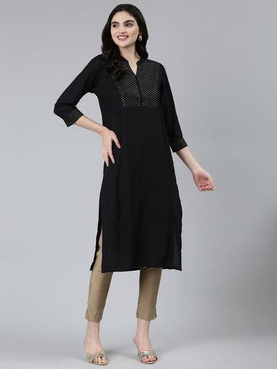 Neeru's Black Regular Straight Solid Kurtas