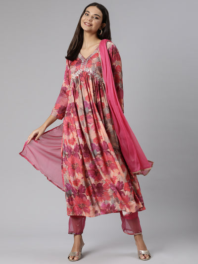 Neeru's Magenta Regular Straight Floral Readymade suits