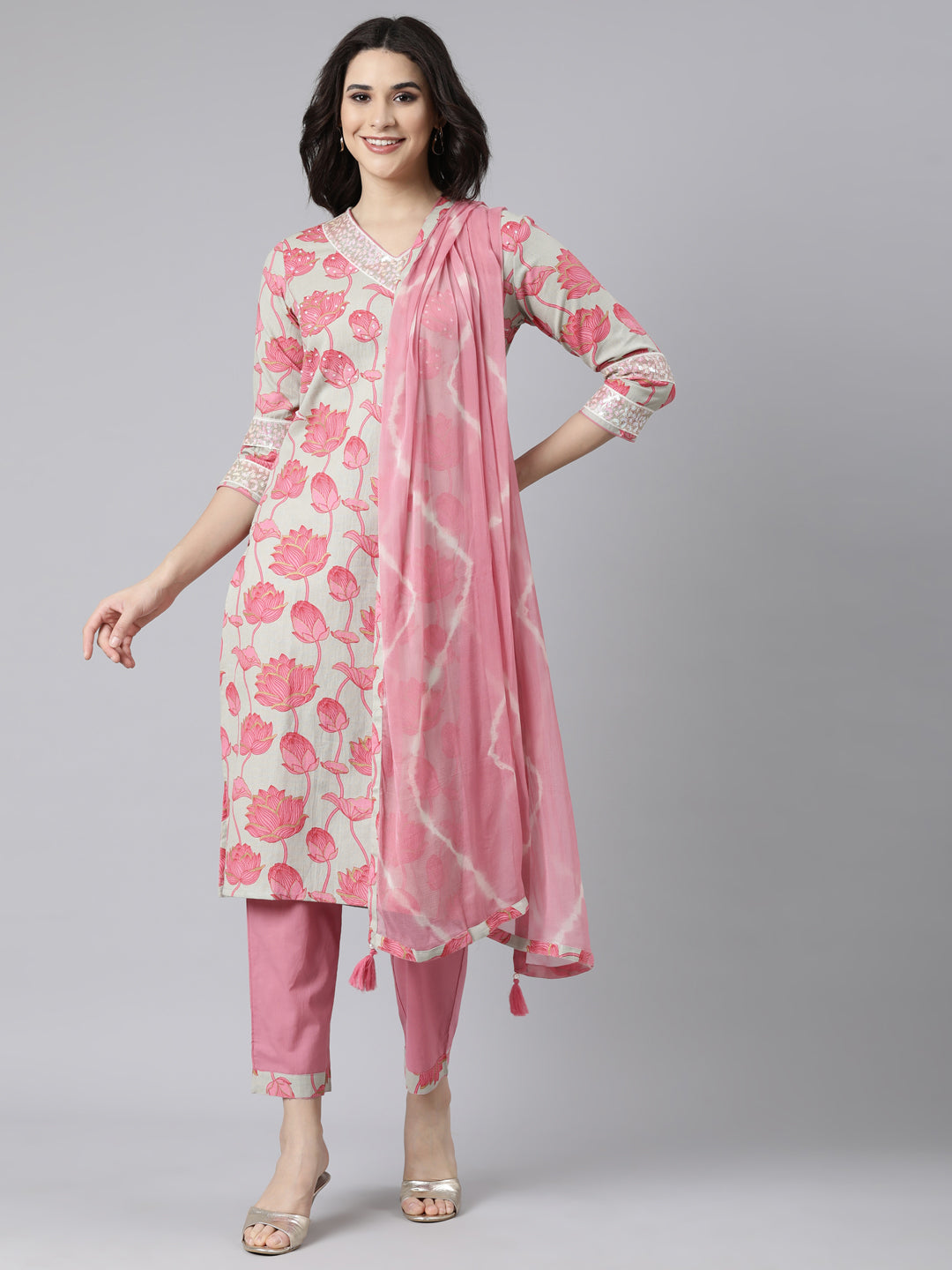 Neerus Pink Regular Straight Floral Kurta And  Trousers With Dupatta