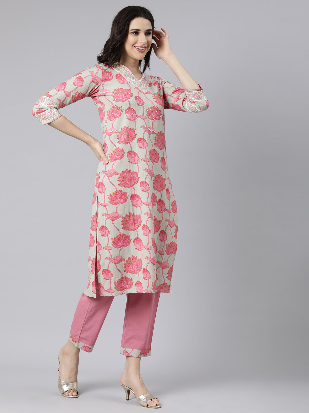 Neerus Pink Regular Straight Floral Kurta And  Trousers With Dupatta