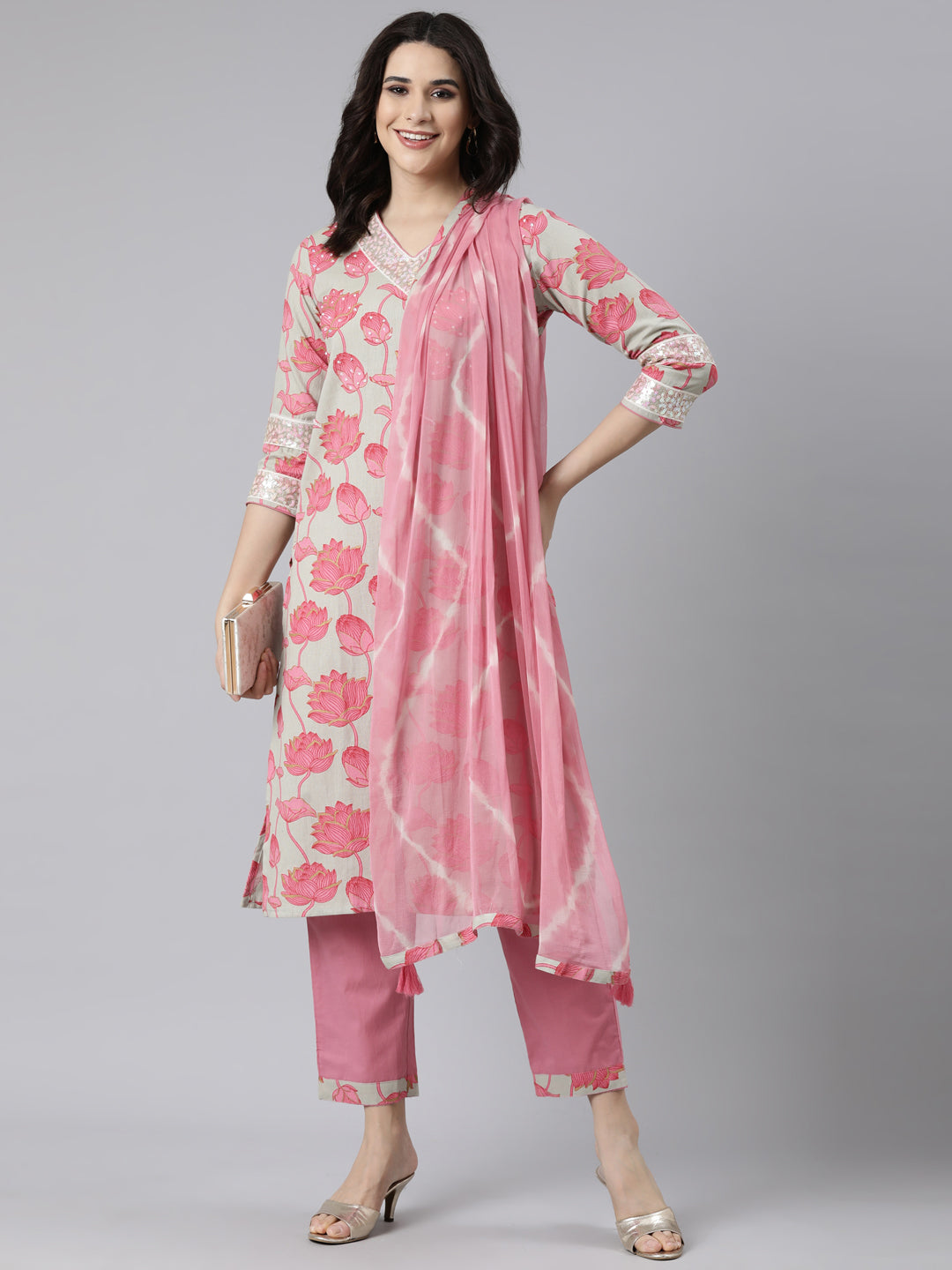 Neerus Pink Regular Straight Floral Kurta And  Trousers With Dupatta