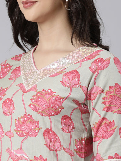 Neerus Pink Regular Straight Floral Kurta And  Trousers With Dupatta