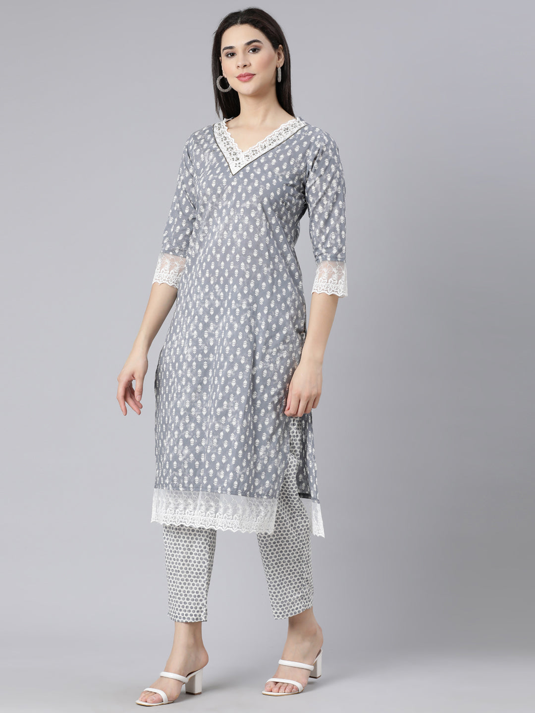 Neerus Grey Panelled Straight Printed Kurta And Trousers With Dupatta