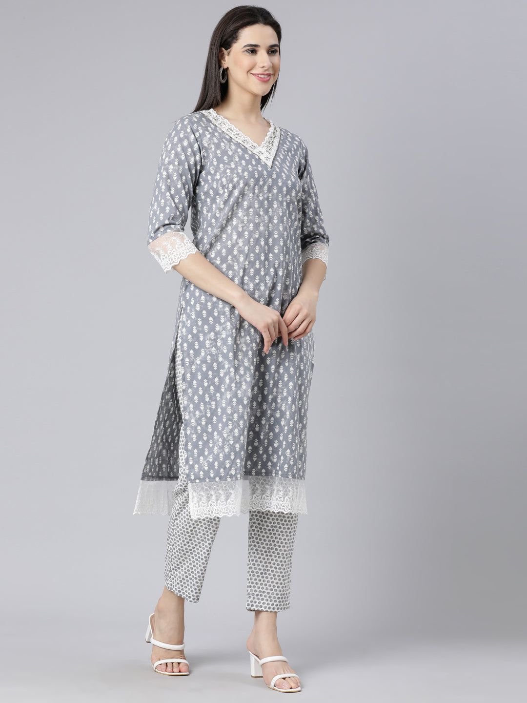 Neerus Grey Panelled Straight Printed Kurta And Trousers With Dupatta