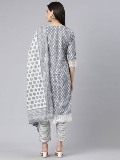 Neerus Grey Panelled Straight Printed Kurta And Trousers With Dupatta