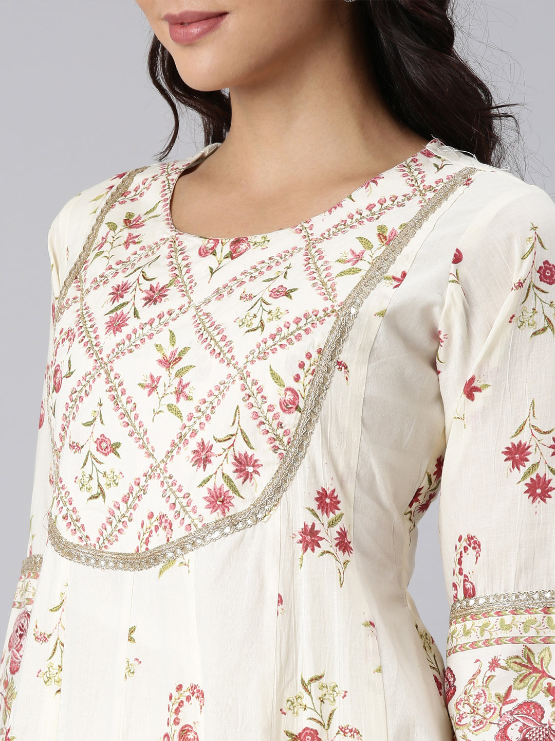 Neerus Off White Panelled Straight Printed Kurta And Trousers With Dupatta