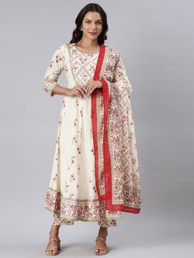 Neerus Off White Panelled Straight Printed Kurta And Trousers With Dupatta