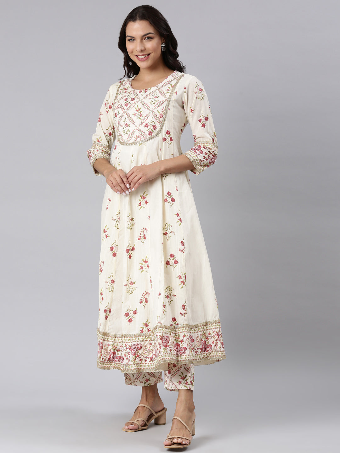 Neerus Off White Panelled Straight Printed Kurta And Trousers With Dupatta