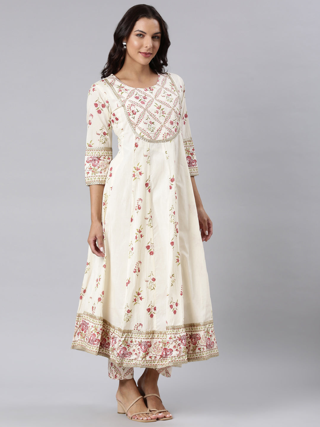 Neerus Off White Panelled Straight Printed Kurta And Trousers With Dupatta