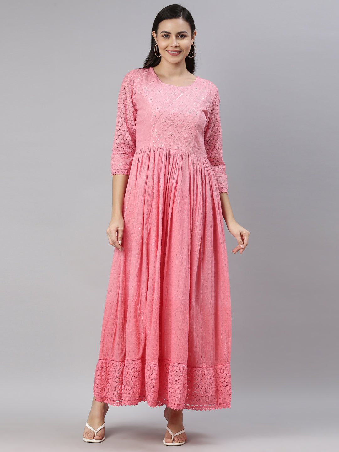 Neerus Pink Floral Embroidered Ethnic Maxi Dress