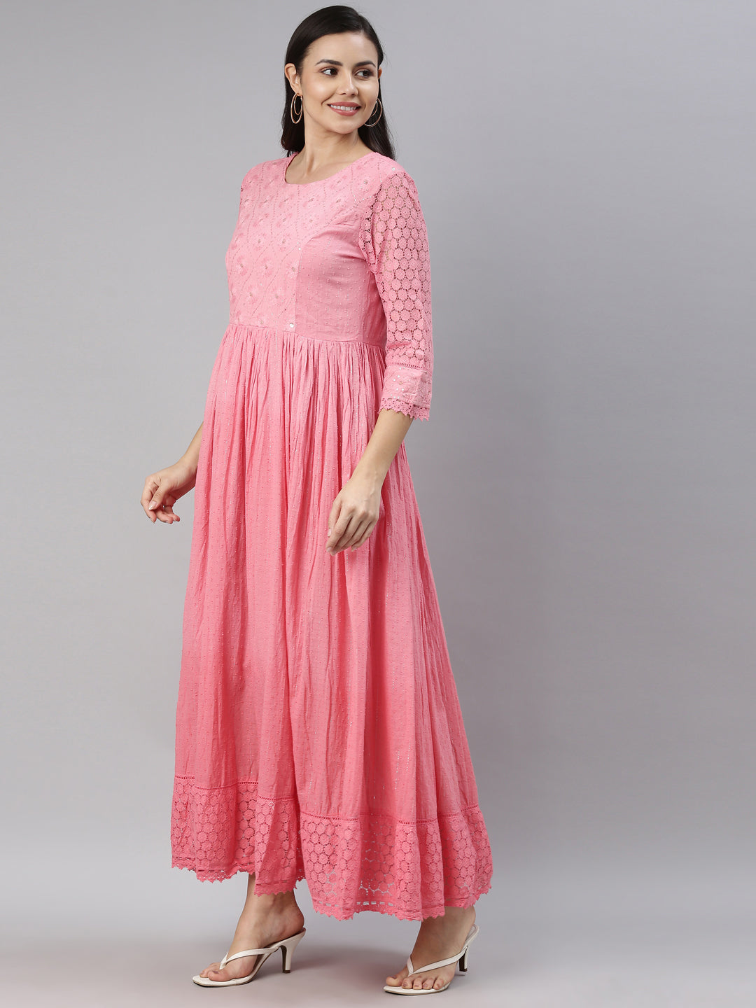 Neerus Pink Floral Embroidered Ethnic Maxi Dress