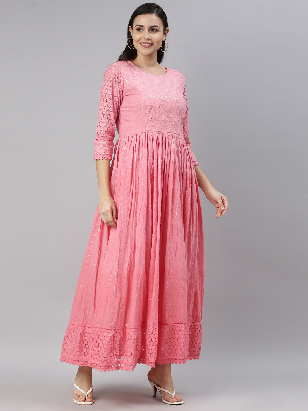 Neerus Pink Floral Embroidered Ethnic Maxi Dress