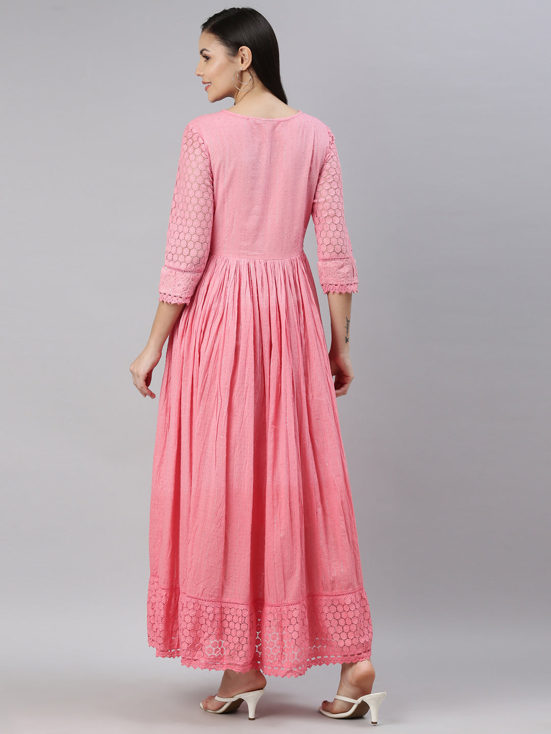 Neerus Pink Floral Embroidered Ethnic Maxi Dress