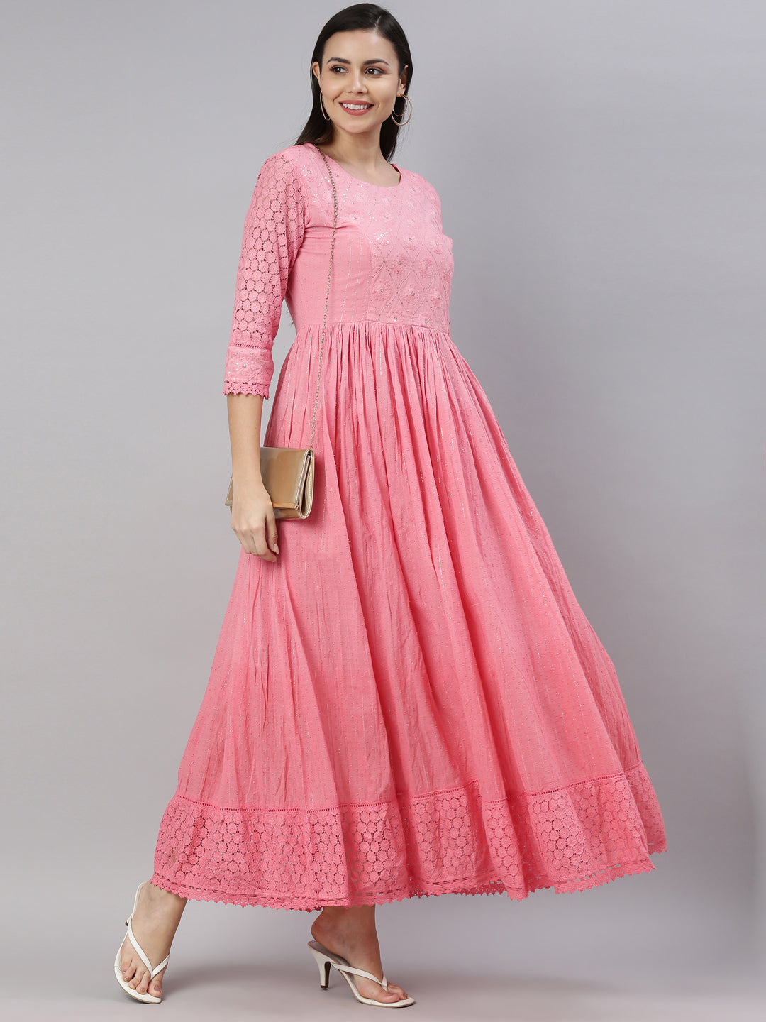 Neerus Pink Floral Embroidered Ethnic Maxi Dress