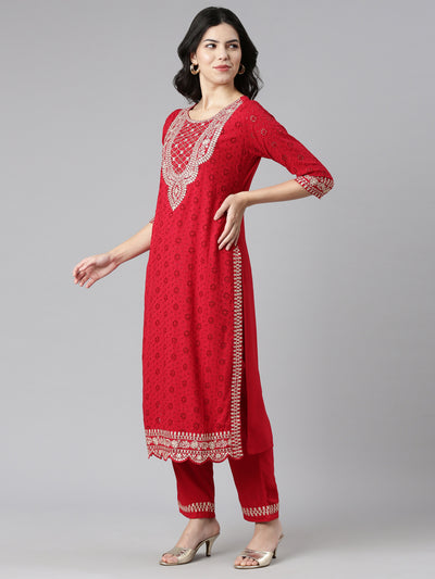 Neeru's Red Regular Straight Solid Kurta And Trousers With Dupatta