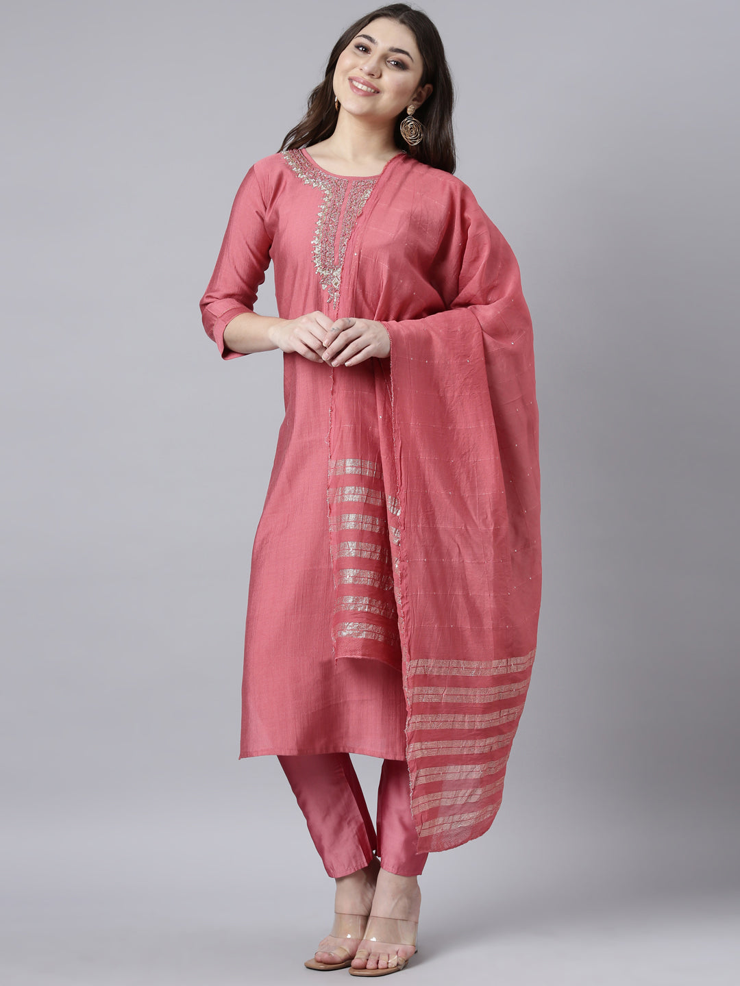 Neerus Pink Regular Straight Solid Kurta And Trousers With Dupatta